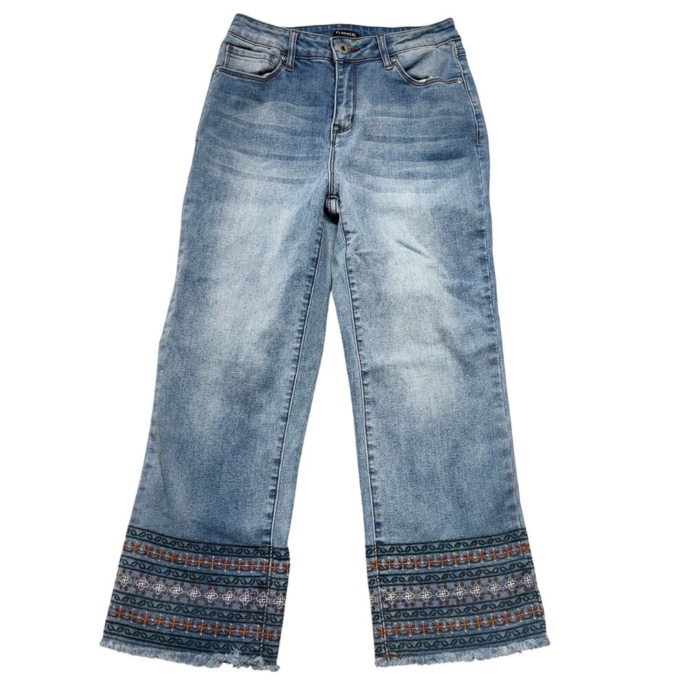 Flamingal Cropped Jeans Womens Small Wide Leg Denim Embroidered Raw Hem Boho